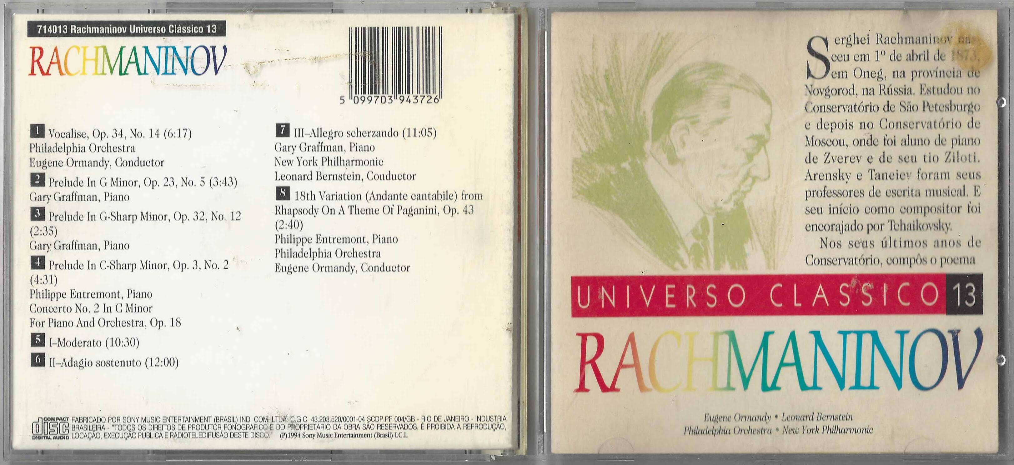 Cd - Rachmaninov - Universo Classico 13 - Philippe Entremont+Piano Philadelphia Orchestra Eugene Ormandy+Conductor 